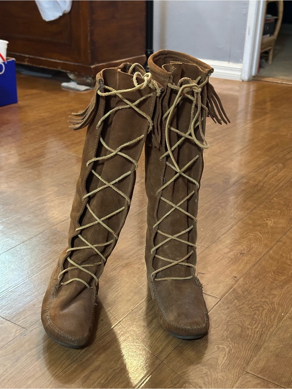 Suede Fringe Lace-Up Knee-High Moccasin